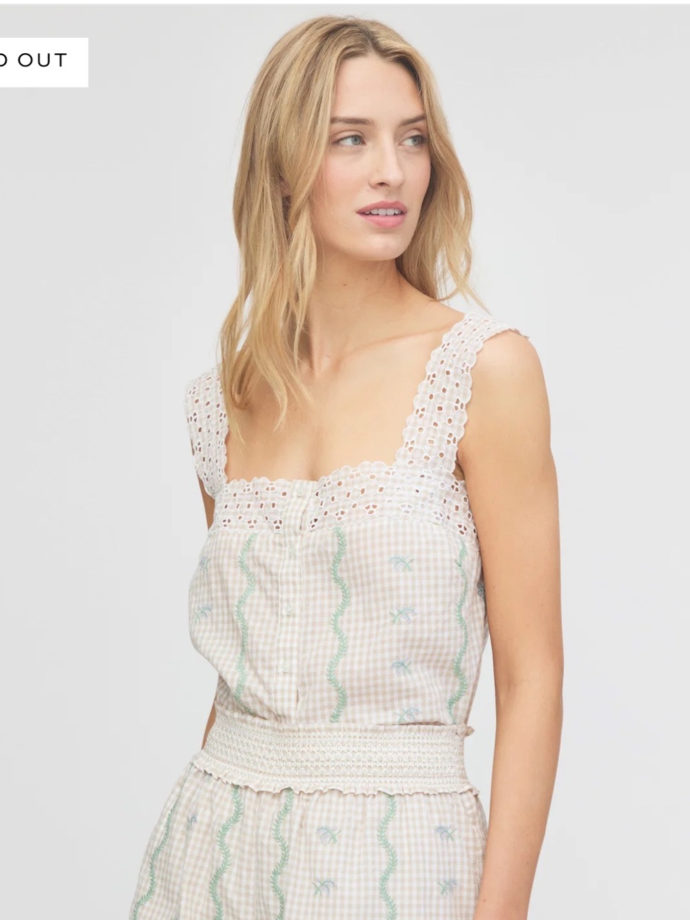 Hill House Cream Eyelet Trim Smocked Camisole with Green Embroidery
